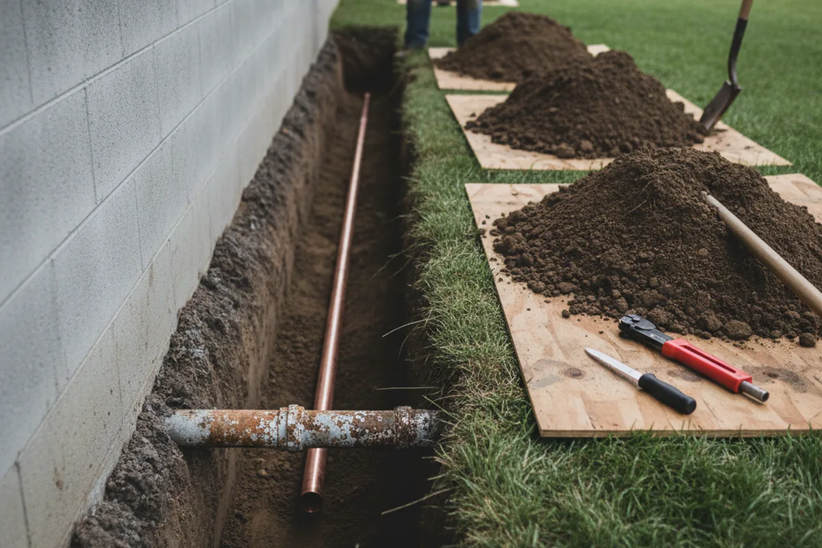 Excavated water line trench during Water Heater Repair in Nixon